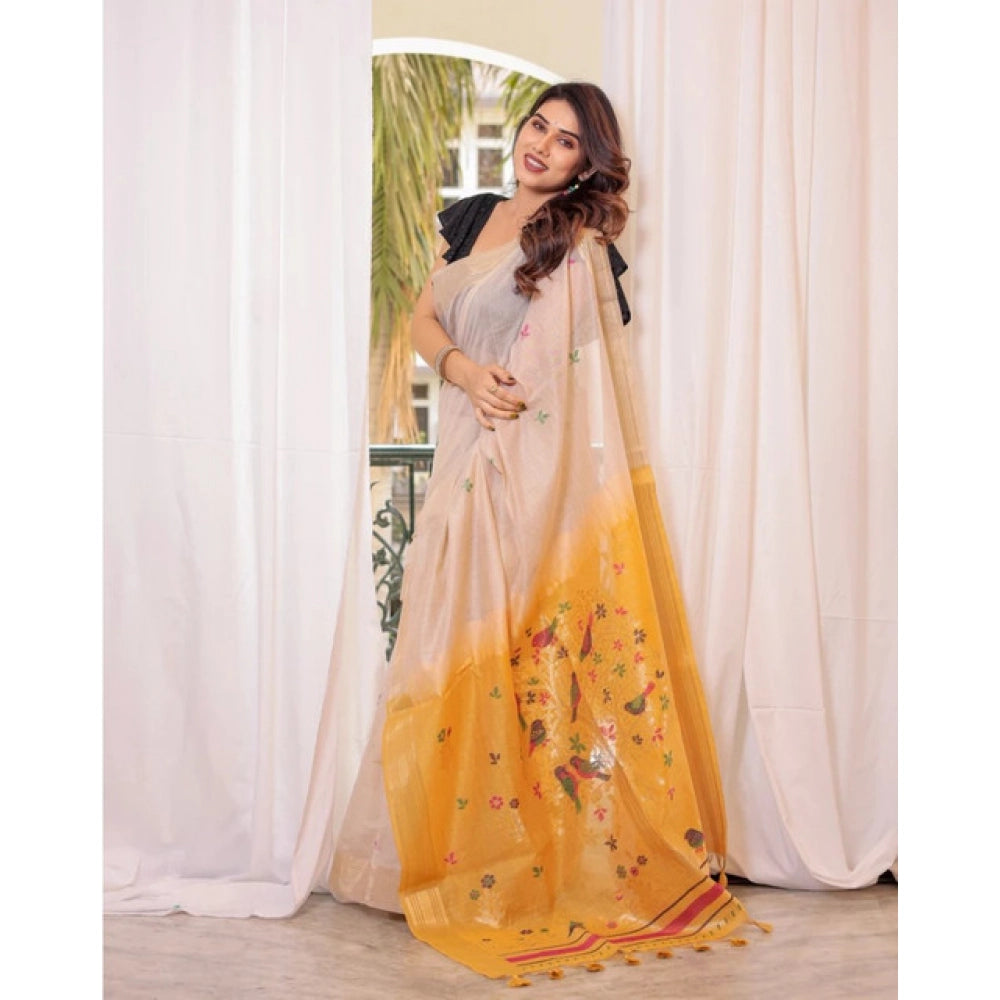 Women's Blended_Cotton Woven_Motifs Saree With Unstitched Blouse 5.5Mtr (Yellow) - VANSHELLE