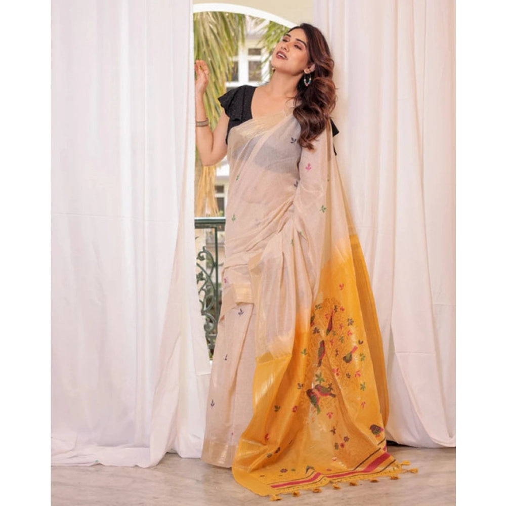 Women's Blended_Cotton Woven_Motifs Saree With Unstitched Blouse 5.5Mtr (Yellow) - VANSHELLE