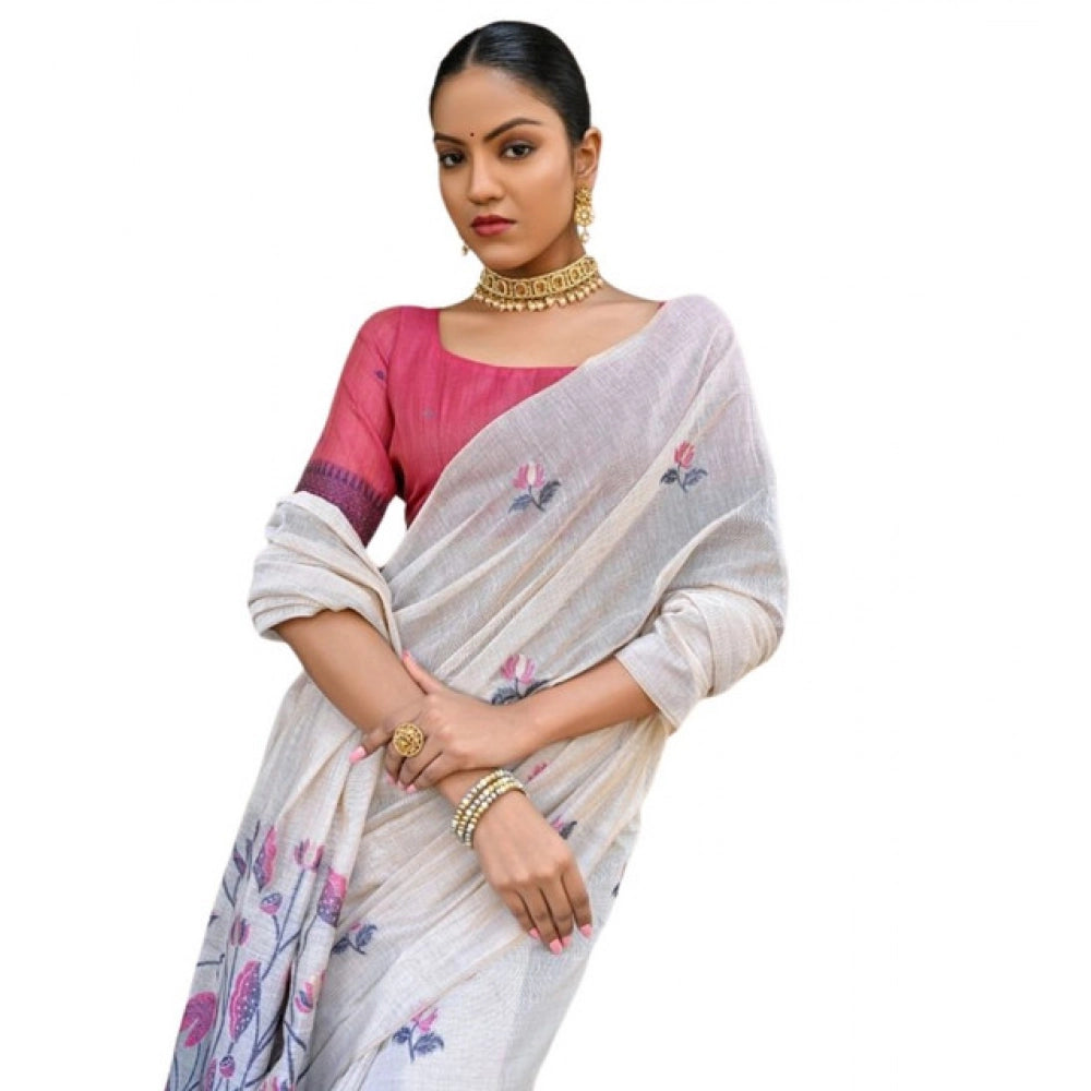 Women's Blended_Cotton Floral Weaving Pattern Saree With Unstitched Blouse 5.5Mtr (Blue) - VANSHELLE