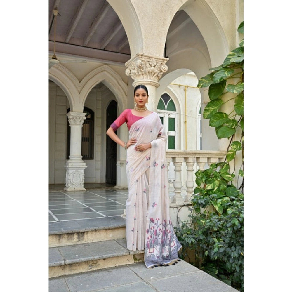 Women's Blended_Cotton Floral Weaving Pattern Saree With Unstitched Blouse 5.5Mtr (Blue) - VANSHELLE