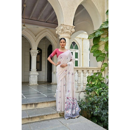 Women's Blended_Cotton Floral Weaving Pattern Saree With Unstitched Blouse 5.5Mtr (Blue) - VANSHELLE