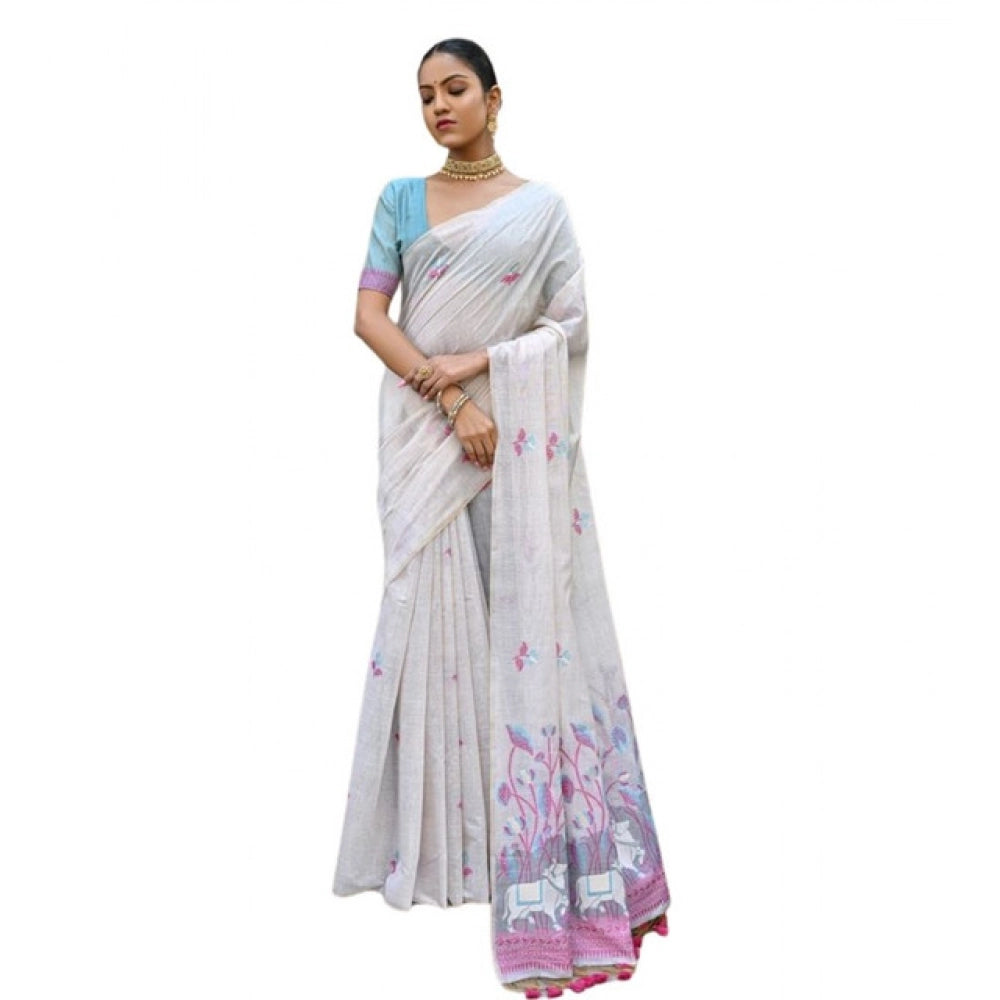 Women's Blended_Cotton Floral Weaving Pattern Saree With Unstitched Blouse 5.5Mtr (Pink) - VANSHELLE