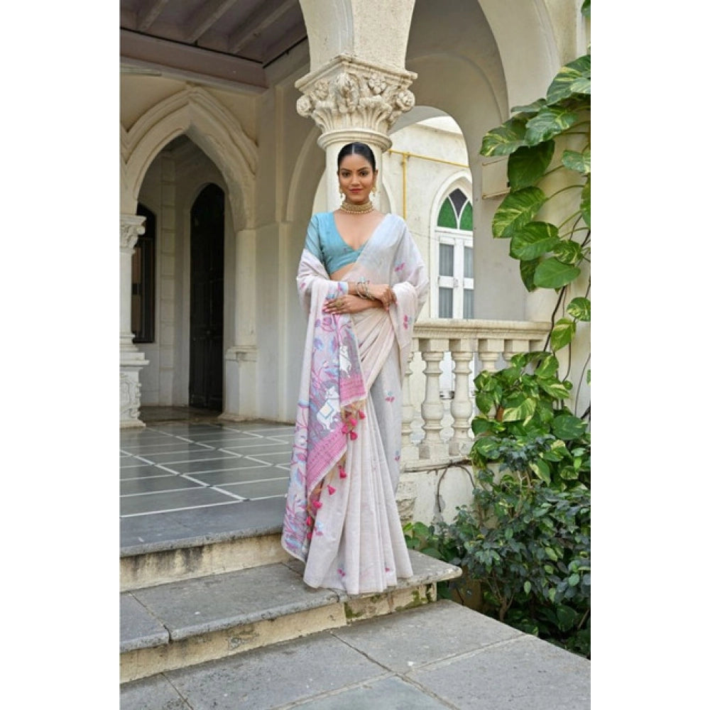 Women's Blended_Cotton Floral Weaving Pattern Saree With Unstitched Blouse 5.5Mtr (Pink) - VANSHELLE