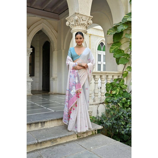 Women's Blended_Cotton Floral Weaving Pattern Saree With Unstitched Blouse 5.5Mtr (Pink) - VANSHELLE