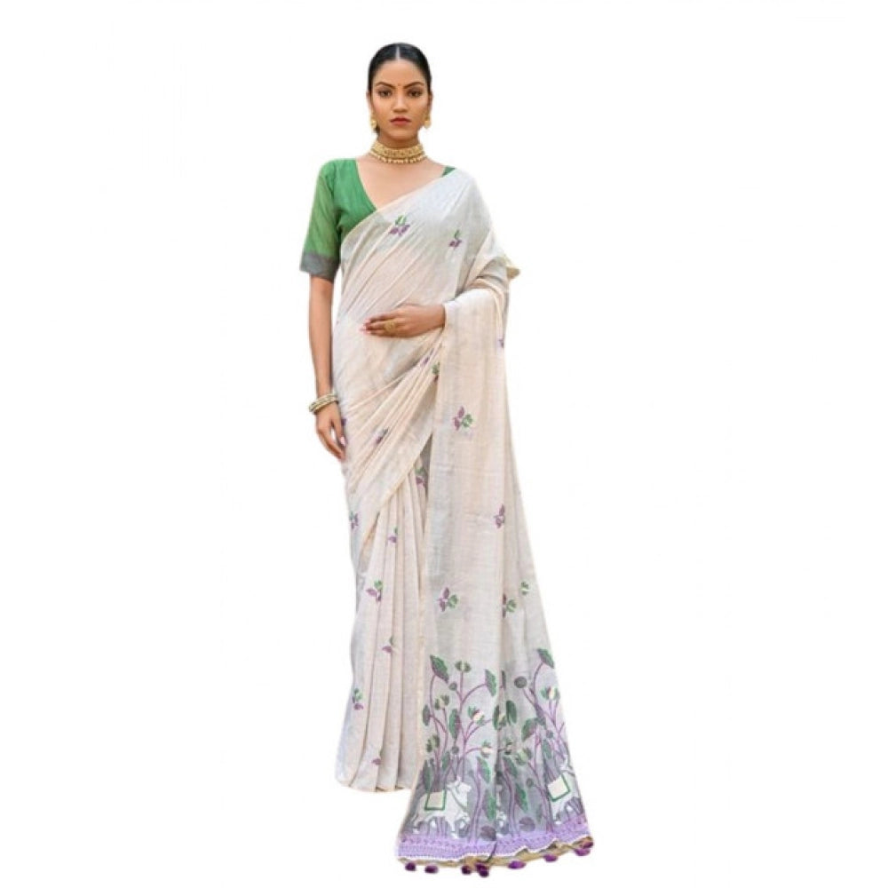 Women's Blended_Cotton Floral Weaving Pattern Saree With Unstitched Blouse 5.5Mtr (Purple) - VANSHELLE