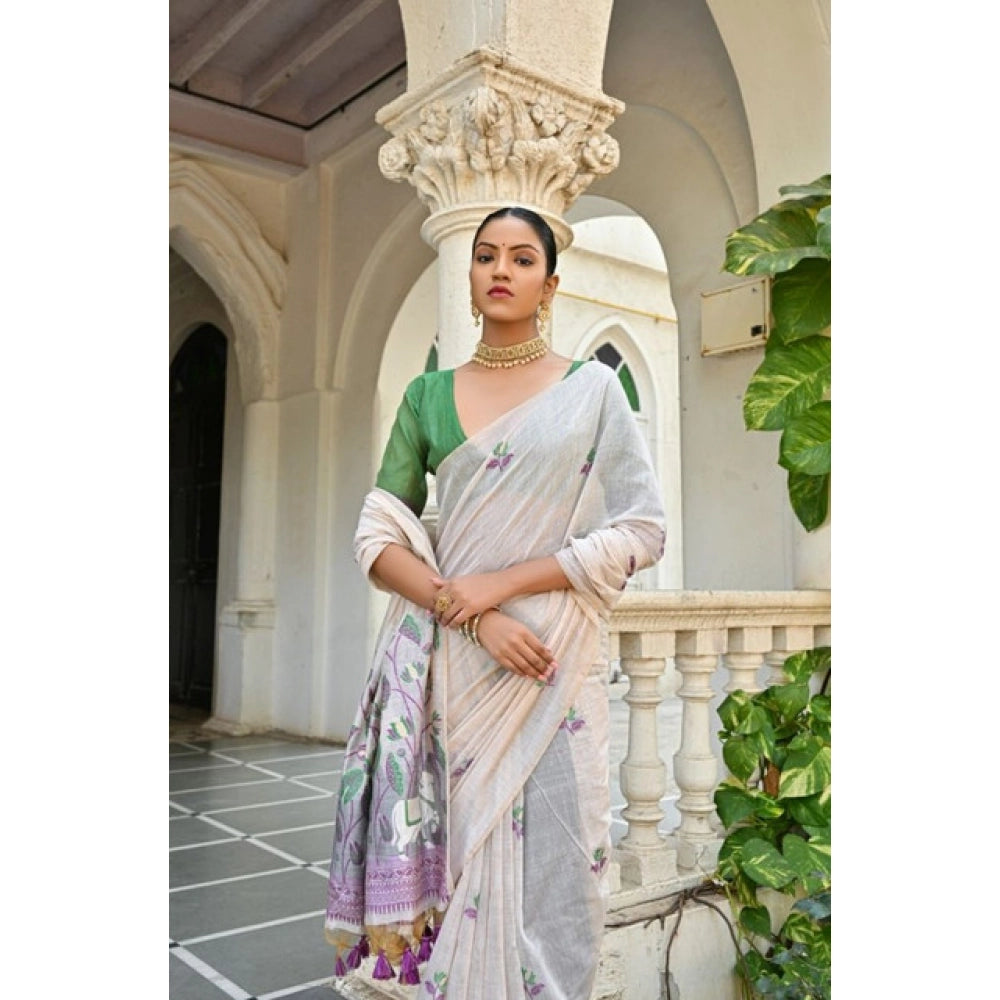 Women's Blended_Cotton Floral Weaving Pattern Saree With Unstitched Blouse 5.5Mtr (Purple) - VANSHELLE