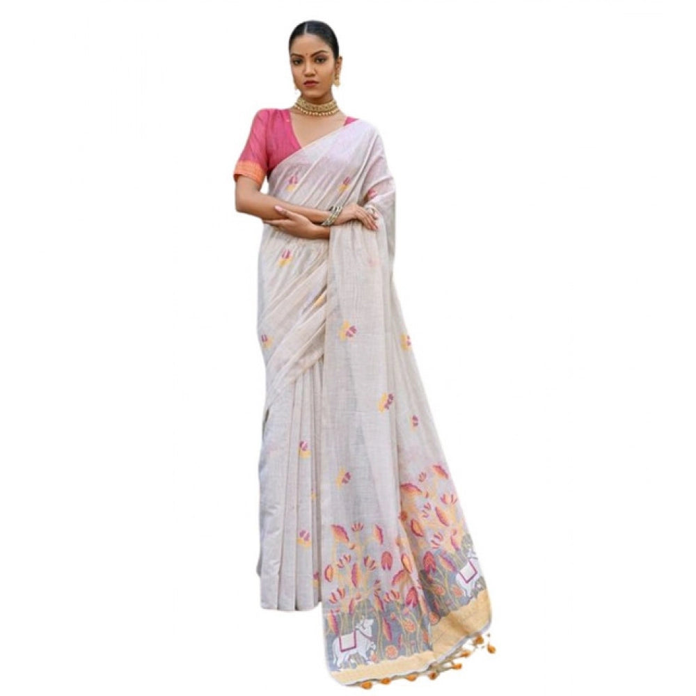 Women's Blended_Cotton Floral Weaving Pattern Saree With Unstitched Blouse 5.5Mtr (Yellow) - VANSHELLE
