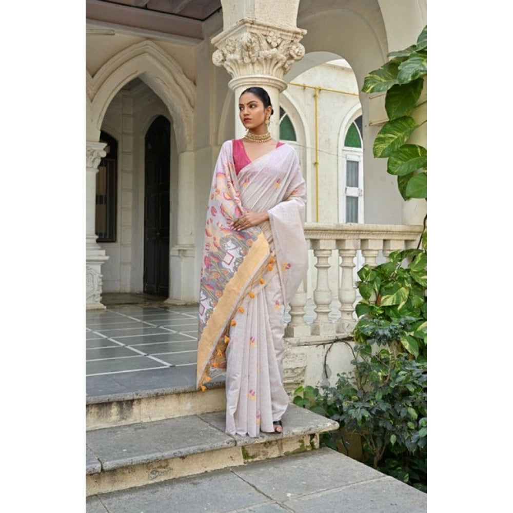 Women's Blended_Cotton Floral Weaving Pattern Saree With Unstitched Blouse 5.5Mtr (Yellow) - VANSHELLE