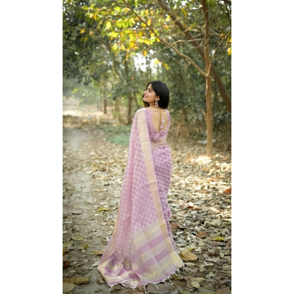 Women's Silk_Blend Checked Saree With Unstitched Blouse 5.5Mtr (Lavender) - VANSHELLE