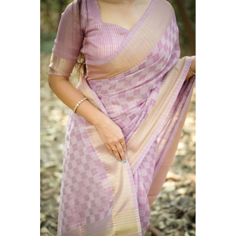 Women's Silk_Blend Checked Saree With Unstitched Blouse 5.5Mtr (Lavender) - VANSHELLE