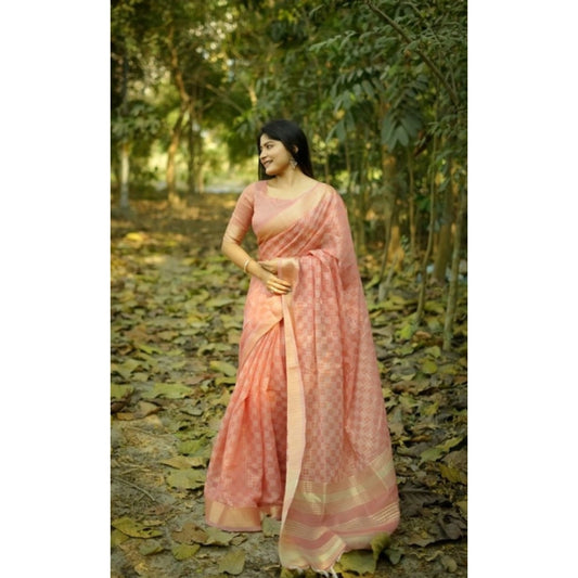 Women's Silk_Blend Checked Saree With Unstitched Blouse 5.5Mtr (Peach) - VANSHELLE