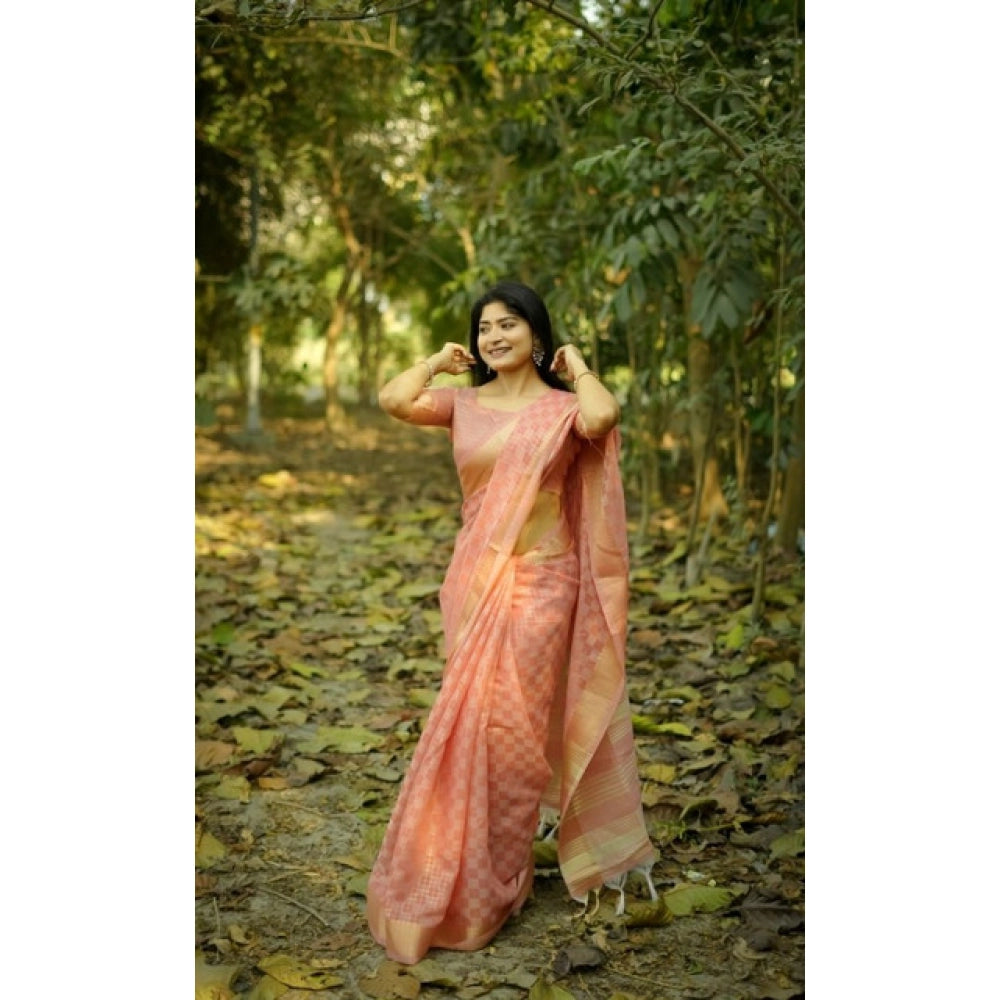 Women's Silk_Blend Checked Saree With Unstitched Blouse 5.5Mtr (Peach) - VANSHELLE