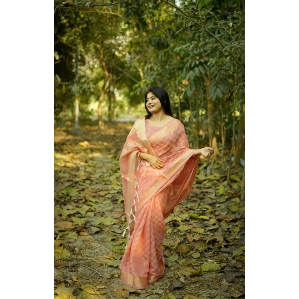 Women's Silk_Blend Checked Saree With Unstitched Blouse 5.5Mtr (Peach) - VANSHELLE