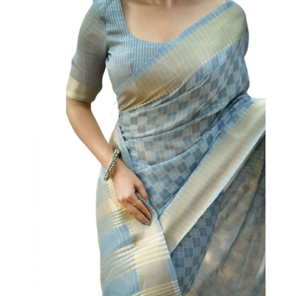 Women's Silk_Blend Checked Saree With Unstitched Blouse 5.5Mtr (Sky_Blue) - VANSHELLE