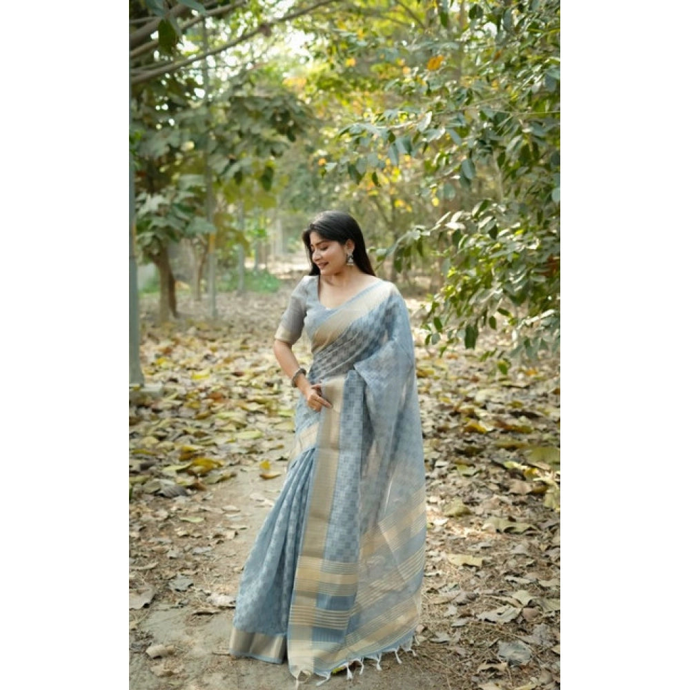 Women's Silk_Blend Checked Saree With Unstitched Blouse 5.5Mtr (Sky_Blue) - VANSHELLE