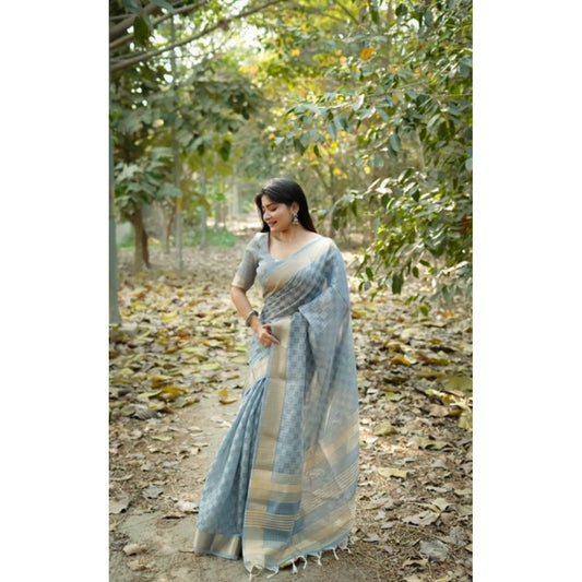 Women's Silk_Blend Checked Saree With Unstitched Blouse 5.5Mtr (Sky_Blue) - VANSHELLE