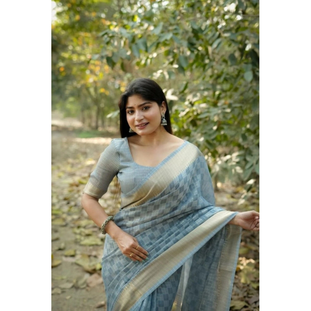 Women's Silk_Blend Checked Saree With Unstitched Blouse 5.5Mtr (Sky_Blue) - VANSHELLE