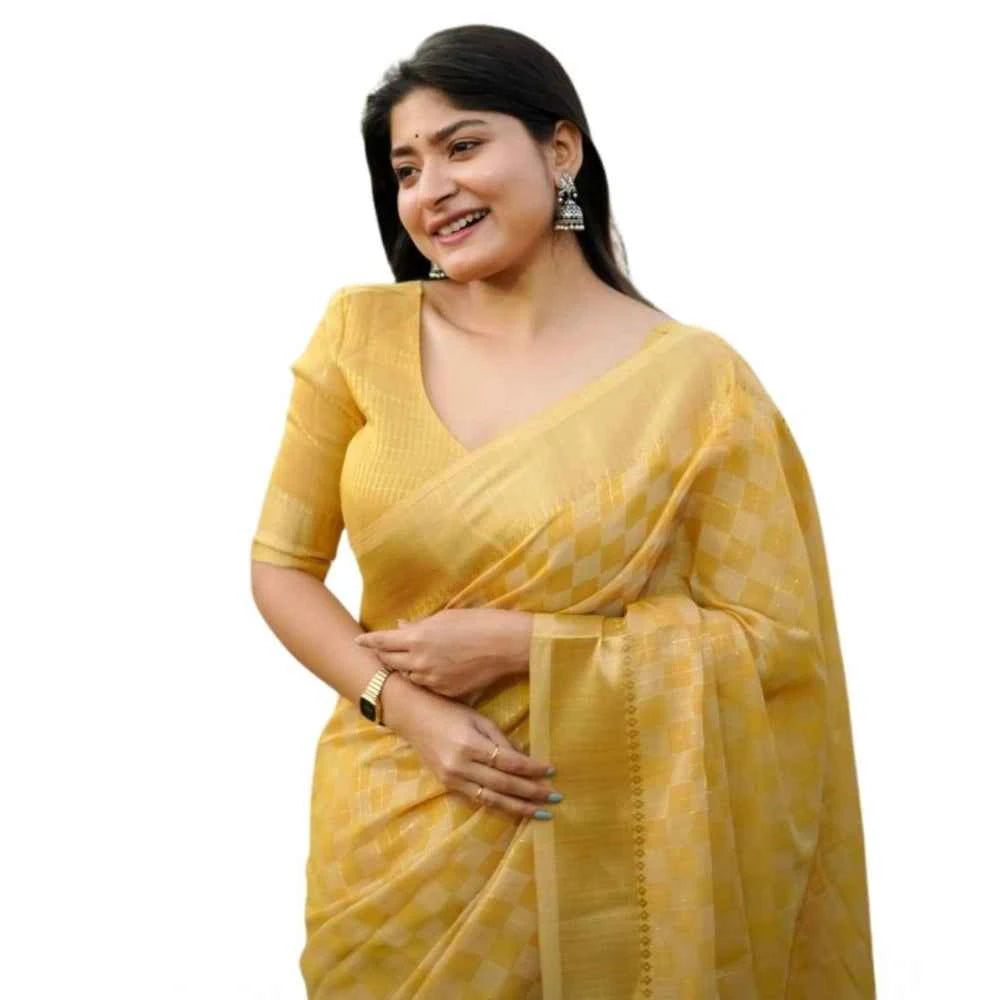 Women's Silk_Blend Checked Saree With Unstitched Blouse 5.5Mtr (Yellow)