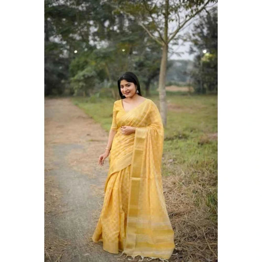 Women's Silk_Blend Checked Saree With Unstitched Blouse 5.5Mtr (Yellow)