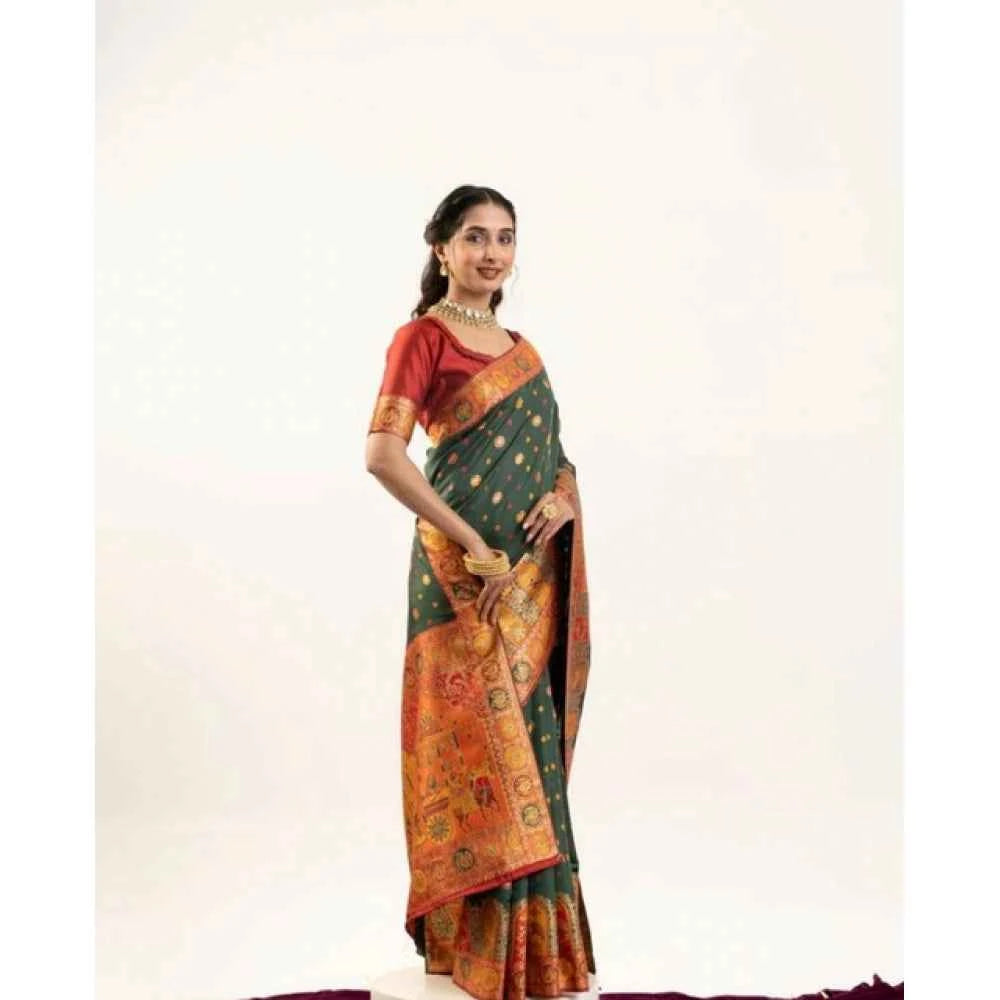Women's Faux_Banarasi Woven Motifs Saree With Unstitched Blouse 5.5Mtr (Dark_Green)