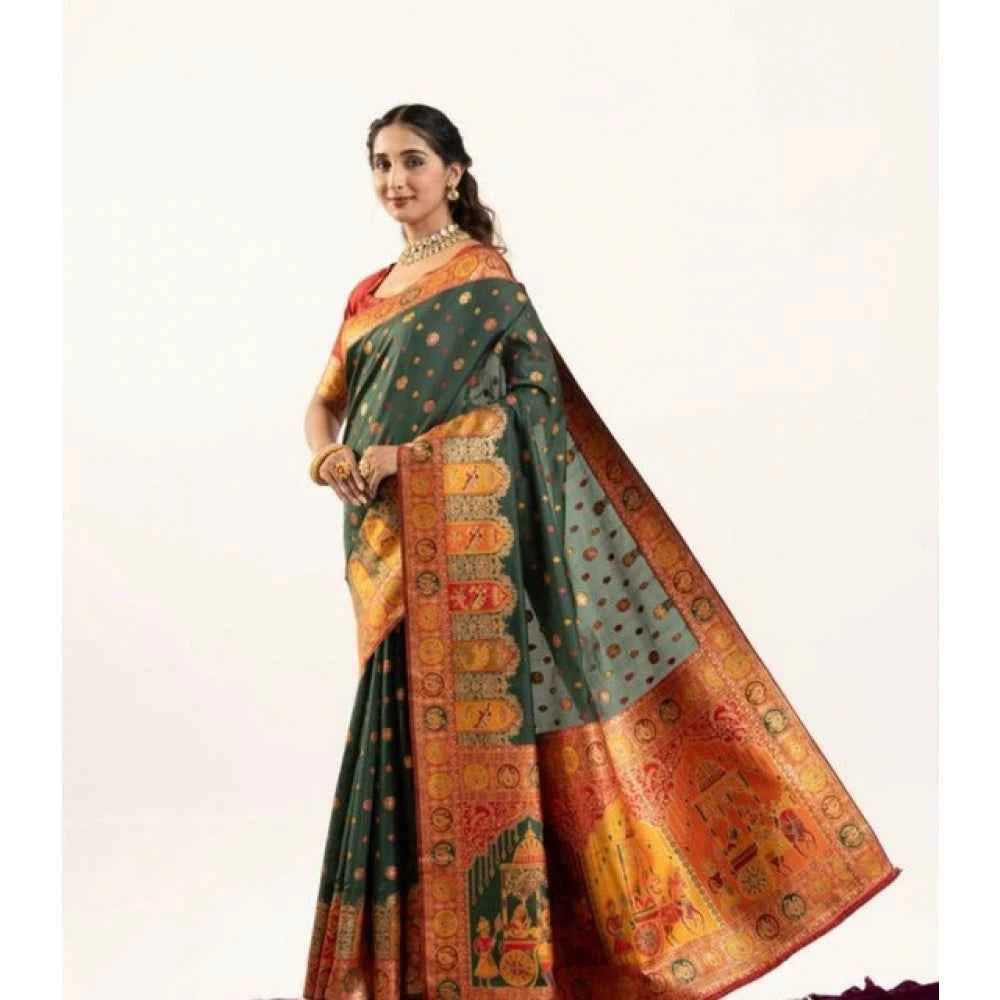 Women's Faux_Banarasi Woven Motifs Saree With Unstitched Blouse 5.5Mtr (Dark_Green)