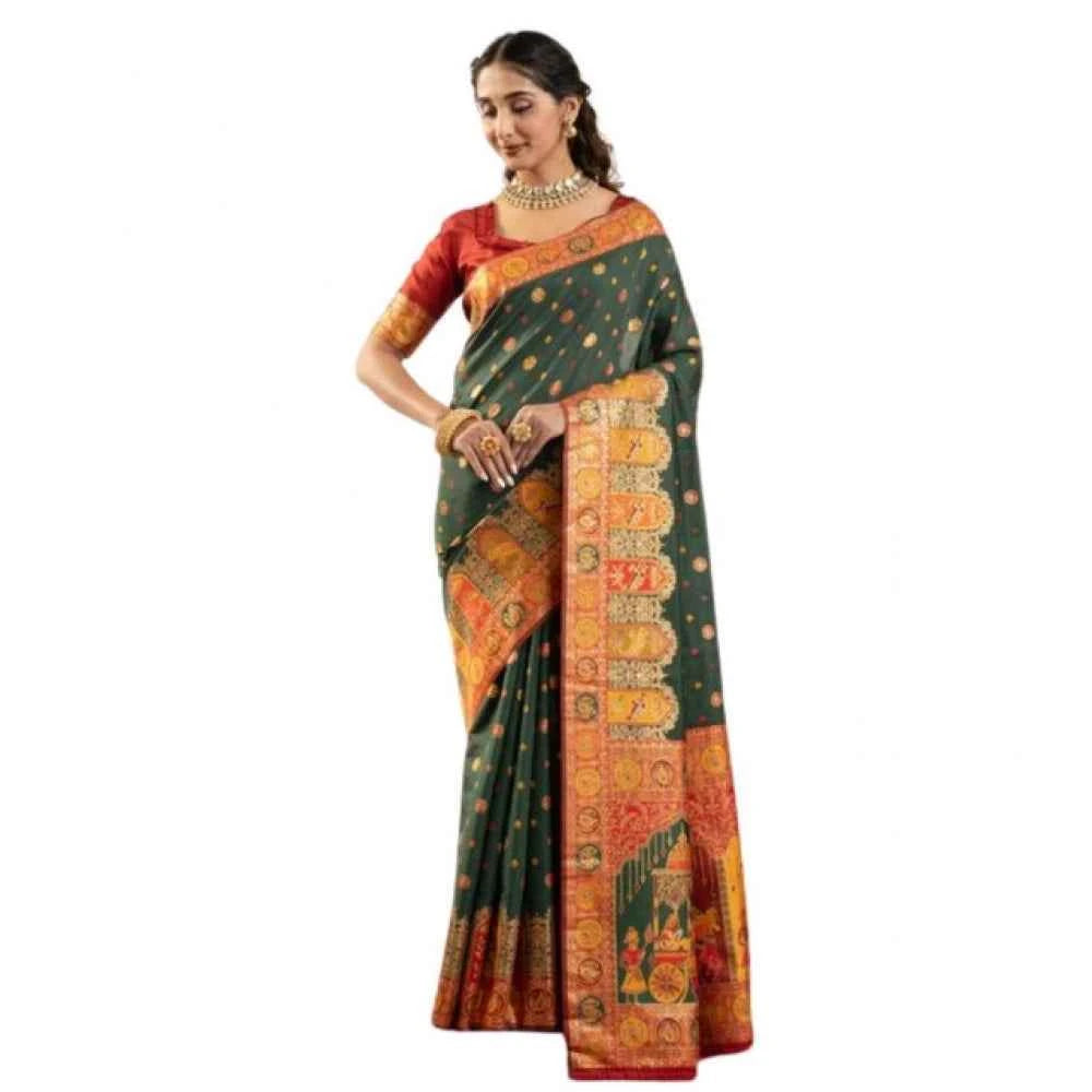 Women's Faux_Banarasi Woven Motifs Saree With Unstitched Blouse 5.5Mtr (Dark_Green)