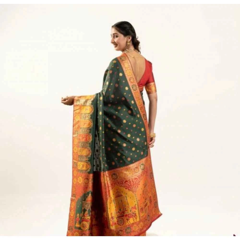 Women's Faux_Banarasi Woven Motifs Saree With Unstitched Blouse 5.5Mtr (Dark_Green)