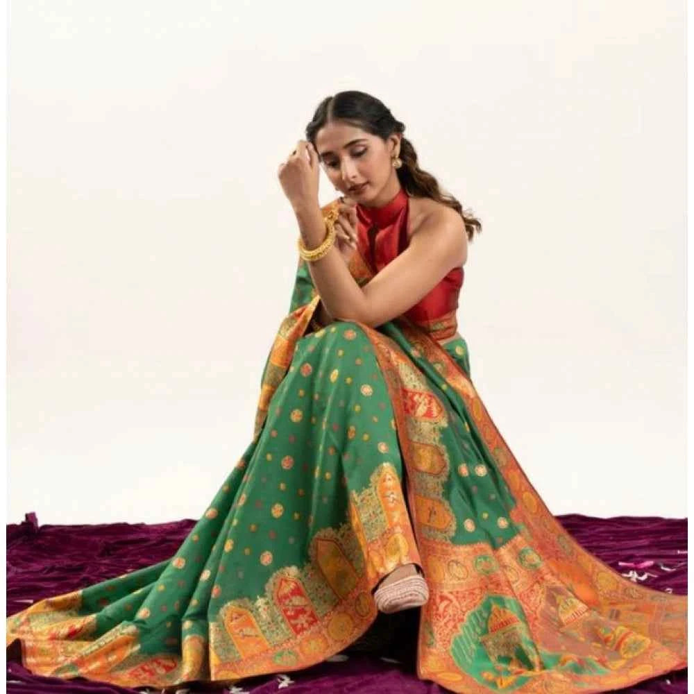 Women's Faux_Banarasi Woven Motifs Saree With Unstitched Blouse 5.5Mtr (Green)