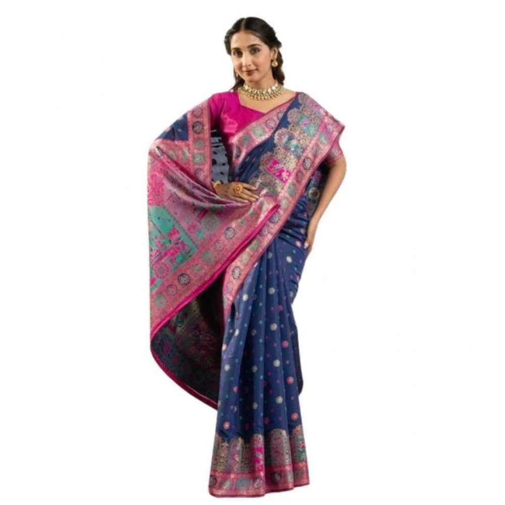 Women's Faux_Banarasi Woven Motifs Saree With Unstitched Blouse 5.5Mtr (Navy_Blue)