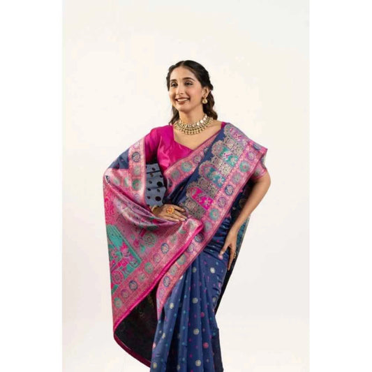 Women's Faux_Banarasi Woven Motifs Saree With Unstitched Blouse 5.5Mtr (Navy_Blue)
