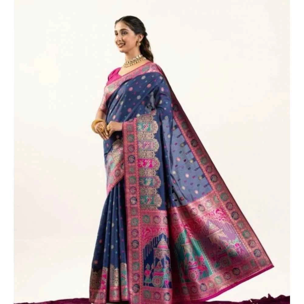 Women's Faux_Banarasi Woven Motifs Saree With Unstitched Blouse 5.5Mtr (Navy_Blue)