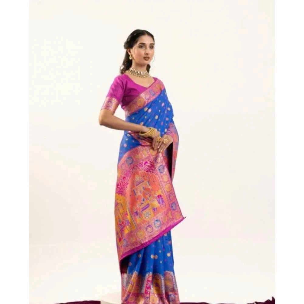 Women's Faux_Banarasi Woven Motifs Saree With Unstitched Blouse 5.5Mtr (Royal_Blue)