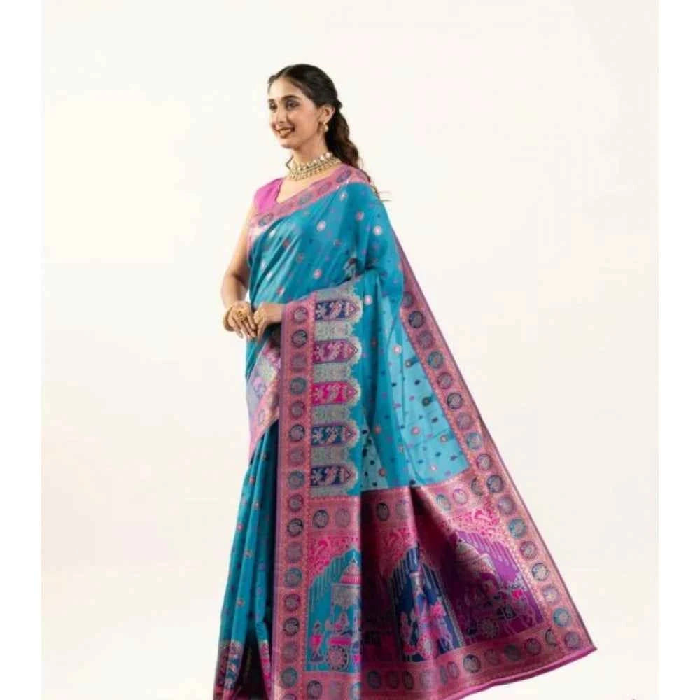 Women's Faux_Banarasi Woven Motifs Saree With Unstitched Blouse 5.5Mtr (Teal)