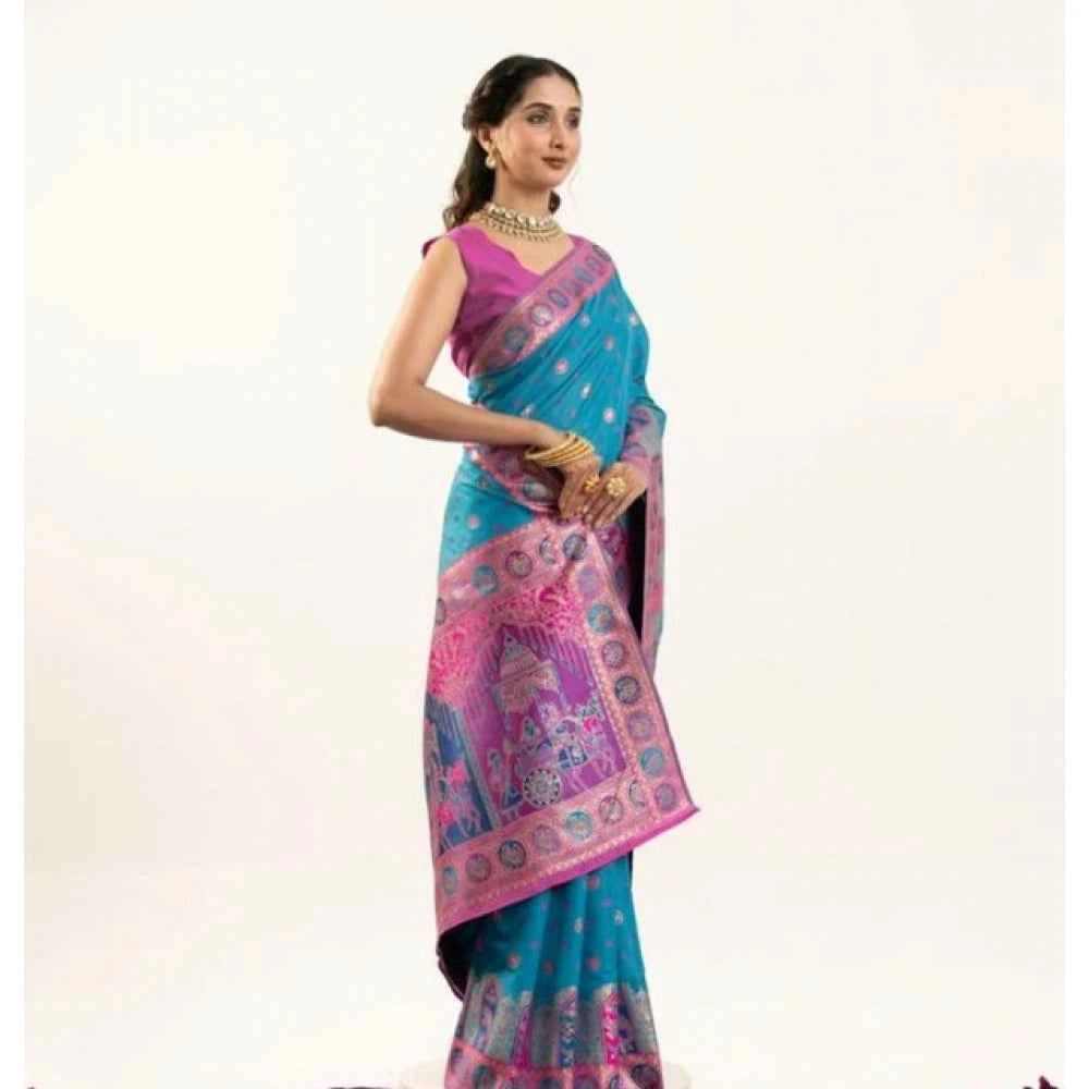 Women's Faux_Banarasi Woven Motifs Saree With Unstitched Blouse 5.5Mtr (Teal)