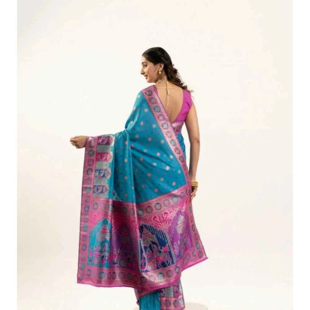 Women's Faux_Banarasi Woven Motifs Saree With Unstitched Blouse 5.5Mtr (Teal)