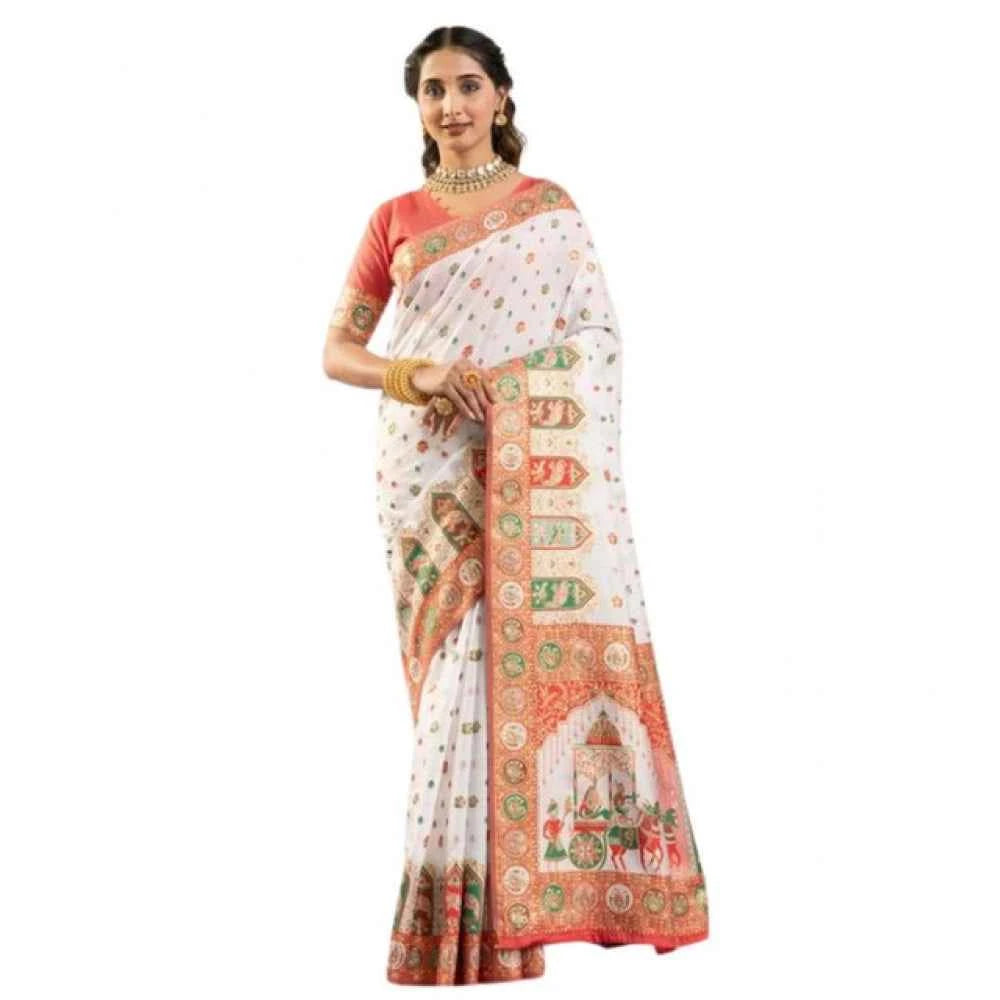 Women's Faux_Banarasi Woven Motifs Saree With Unstitched Blouse 5.5Mtr (White)
