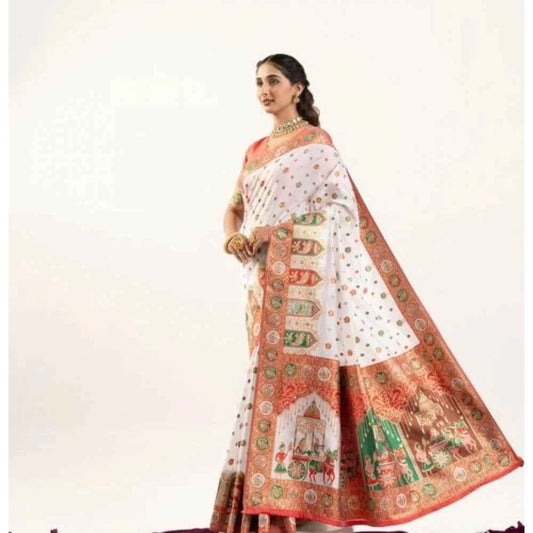 Women's Faux_Banarasi Woven Motifs Saree With Unstitched Blouse 5.5Mtr (White)