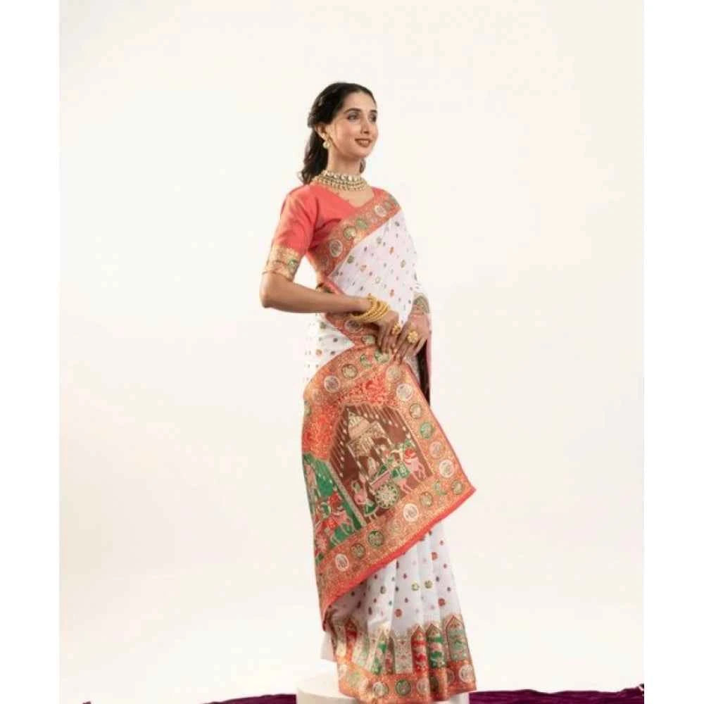 Women's Faux_Banarasi Woven Motifs Saree With Unstitched Blouse 5.5Mtr (White)