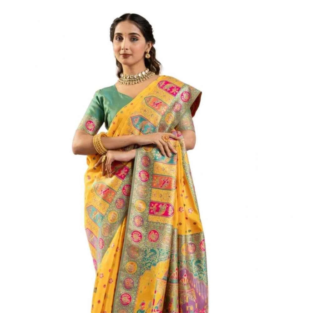 Women's Faux_Banarasi Woven Motifs Saree With Unstitched Blouse 5.5Mtr (Yellow)