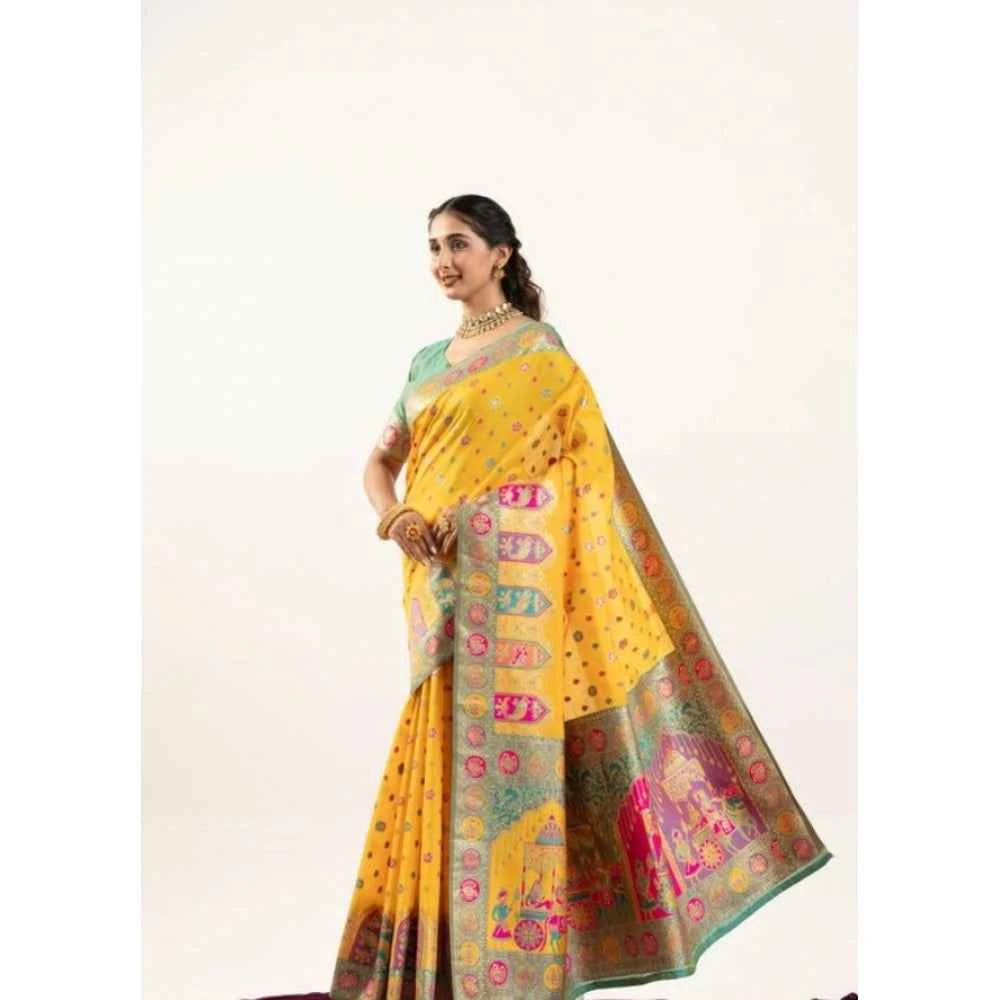 Women's Faux_Banarasi Woven Motifs Saree With Unstitched Blouse 5.5Mtr (Yellow)