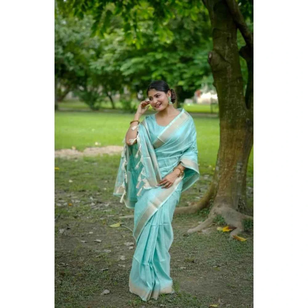 Women's Faux_Banarasi Lining Pattern Saree With Unstitched Blouse 5.5Mtr (Light_Aqua_Blue)