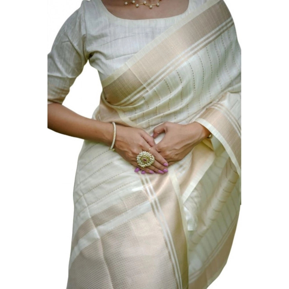 Women's Faux_Banarasi Lining Pattern Saree With Unstitched Blouse 5.5Mtr (Off_White) - VANSHELLE