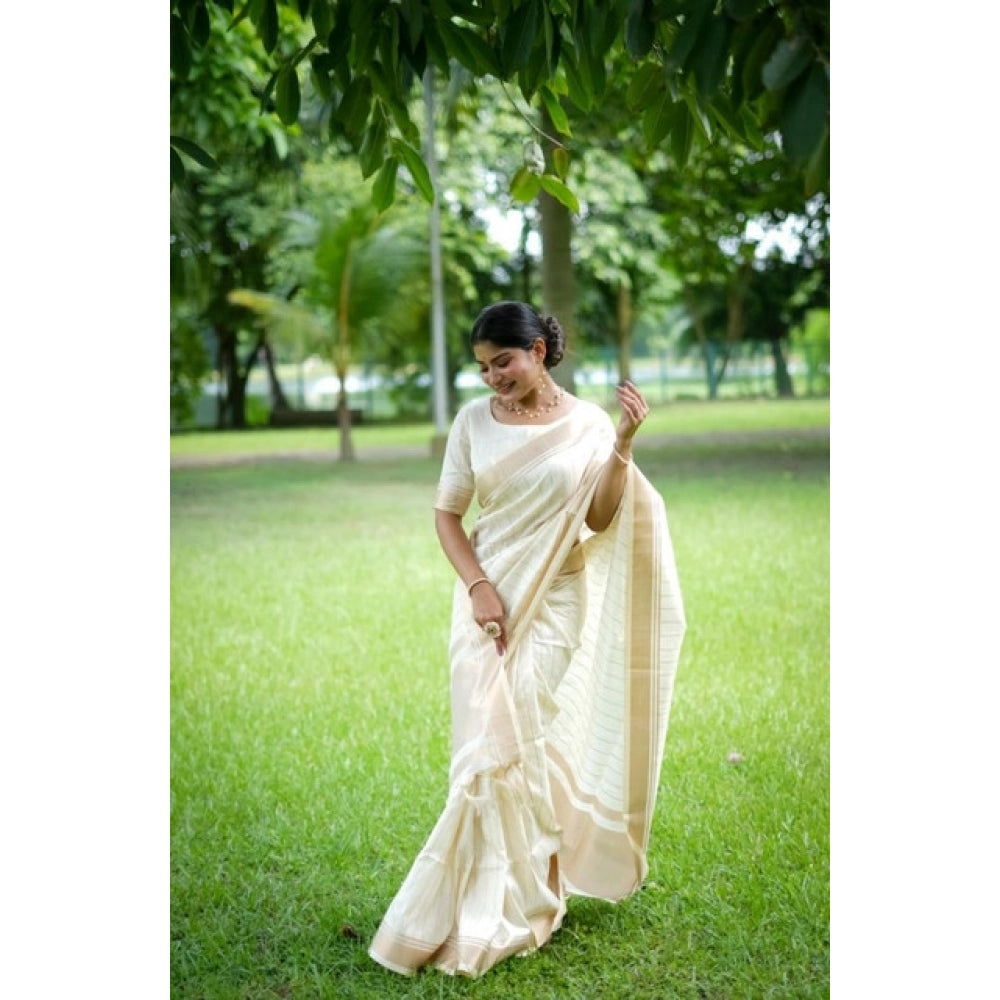 Women's Faux_Banarasi Lining Pattern Saree With Unstitched Blouse 5.5Mtr (Off_White) - VANSHELLE