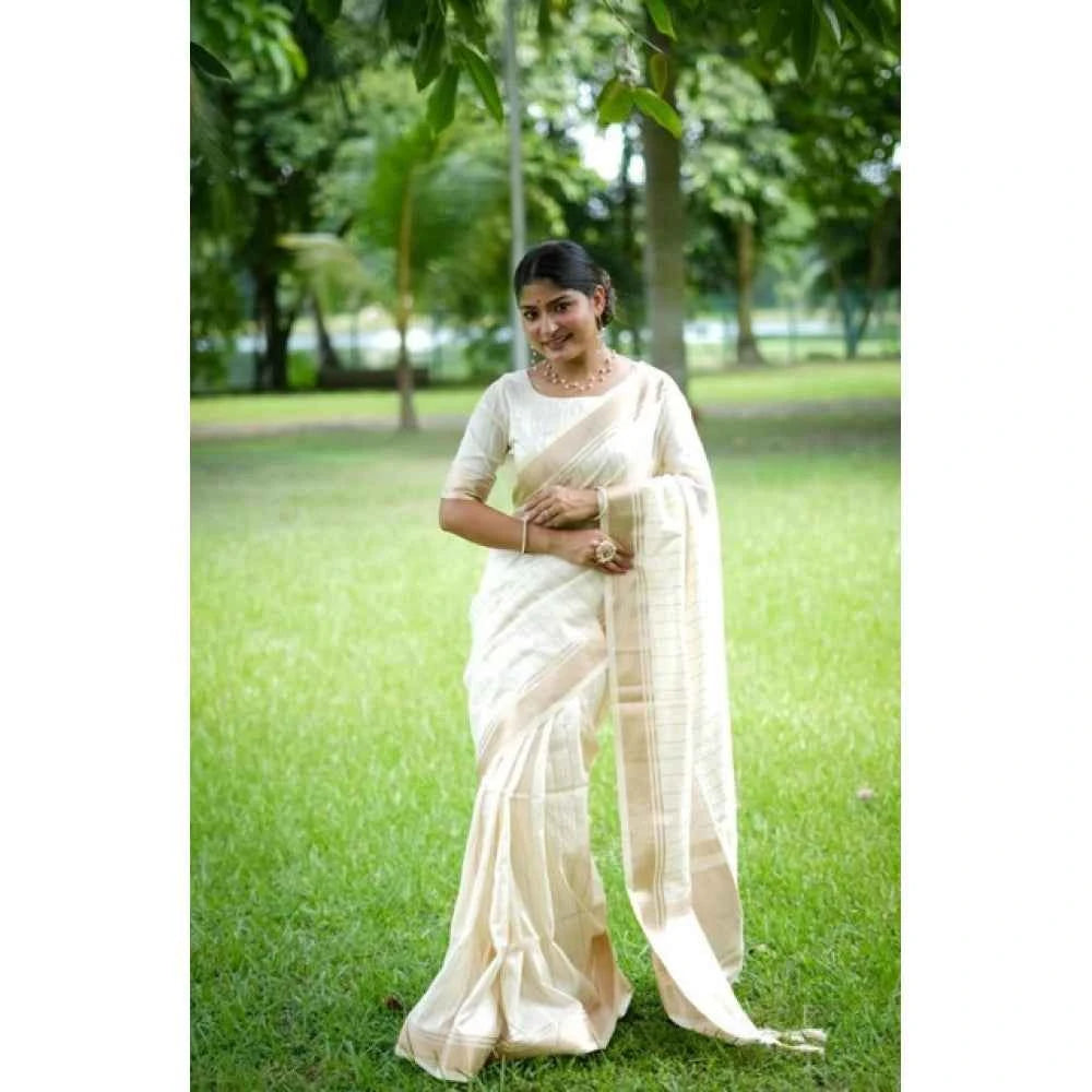 Women's Faux_Banarasi Lining Pattern Saree With Unstitched Blouse 5.5Mtr (Off_White)