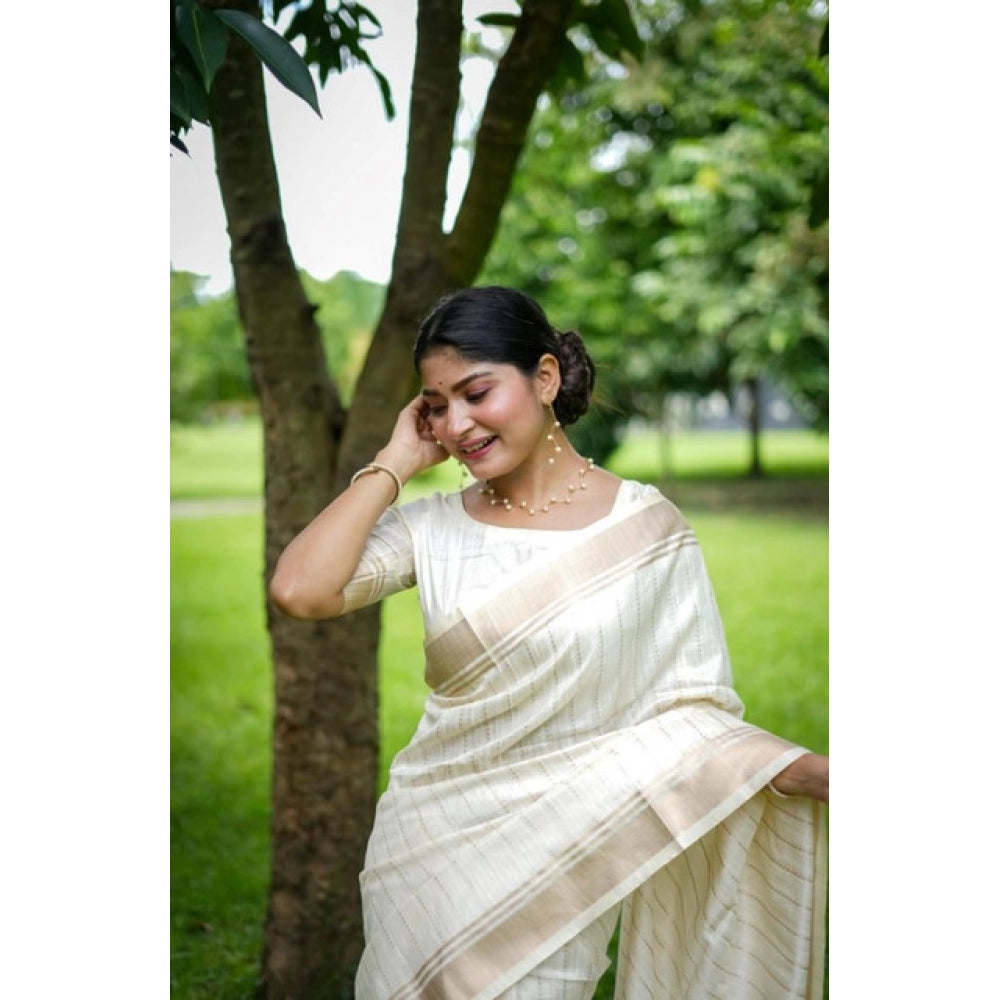 Women's Faux_Banarasi Lining Pattern Saree With Unstitched Blouse 5.5Mtr (Off_White) - VANSHELLE