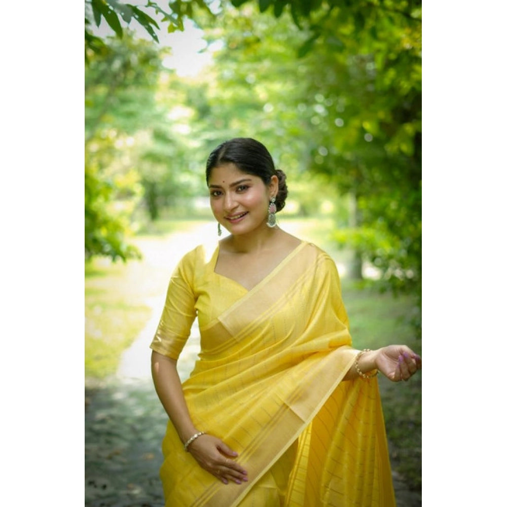 Women's Faux_Banarasi Lining Pattern Saree With Unstitched Blouse 5.5Mtr (Yellow) - VANSHELLE
