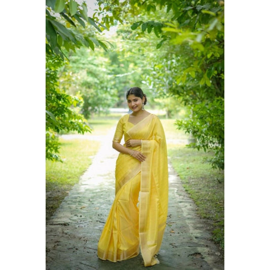 Women's Faux_Banarasi Lining Pattern Saree With Unstitched Blouse 5.5Mtr (Yellow) - VANSHELLE