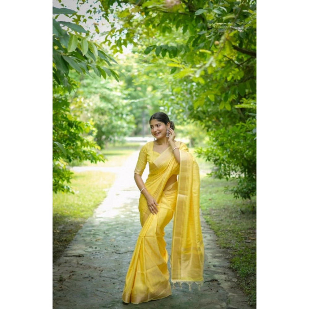 Women's Faux_Banarasi Lining Pattern Saree With Unstitched Blouse 5.5Mtr (Yellow) - VANSHELLE