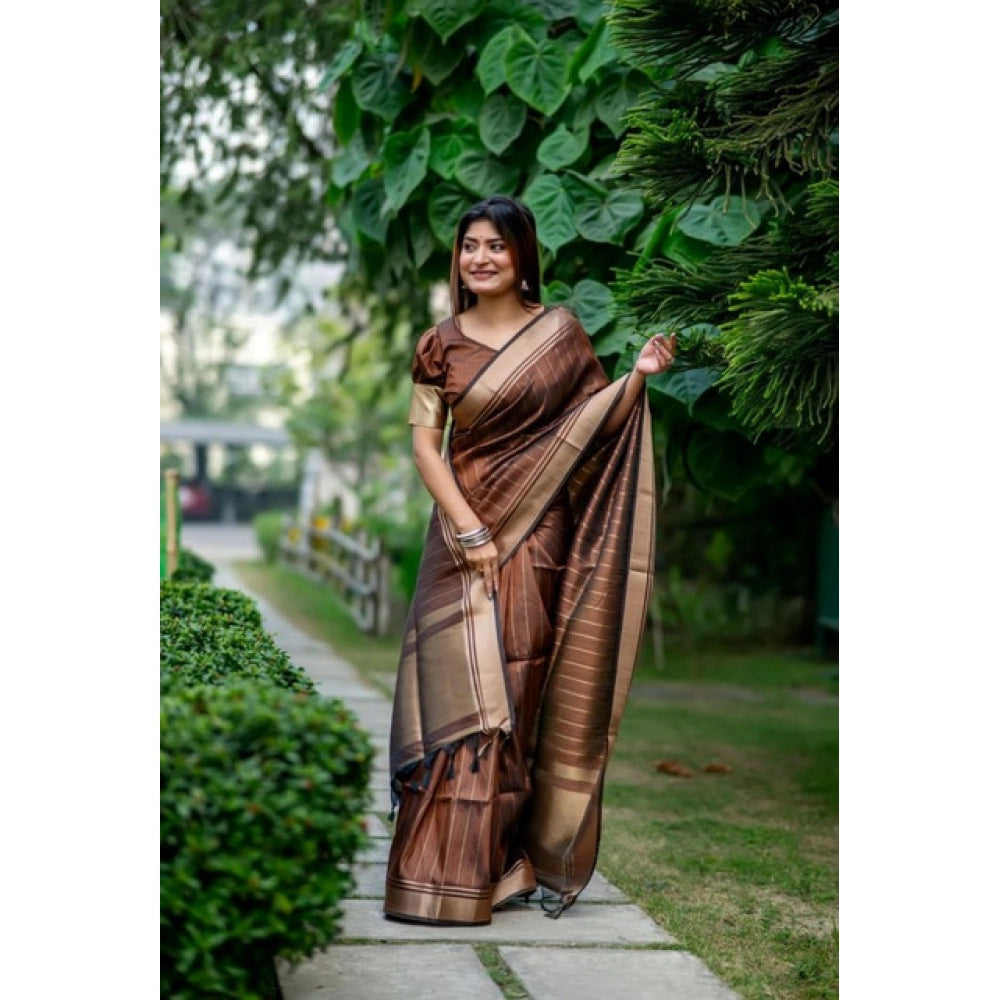Women's Faux_Banarasi Lining Pattern Saree With Unstitched Blouse 5.5Mtr (Light_Brown) - VANSHELLE
