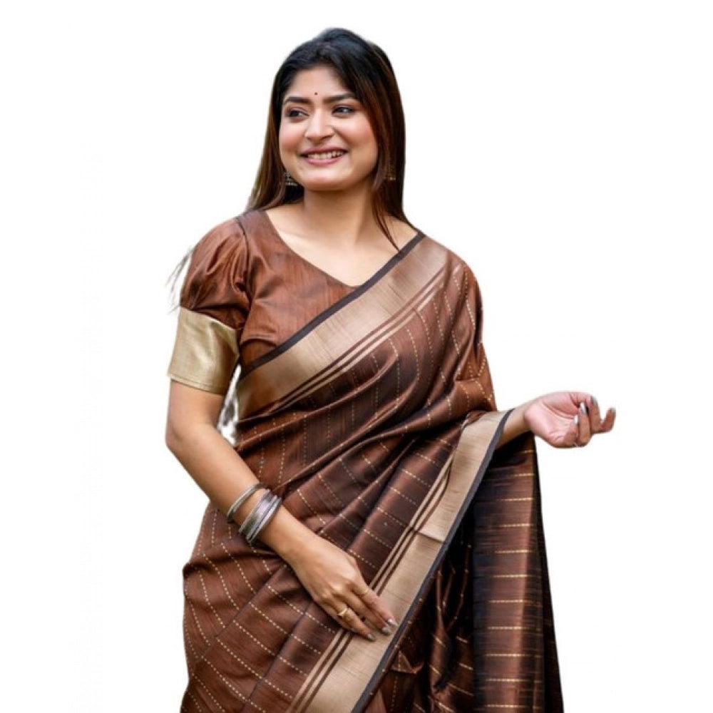 Women's Faux_Banarasi Lining Pattern Saree With Unstitched Blouse 5.5Mtr (Light_Brown) - VANSHELLE